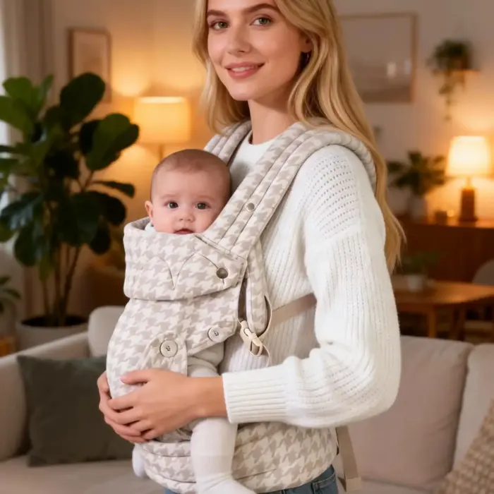 Houndstooth Cotton-Linen Baby Carrier with Adjustable Headrest