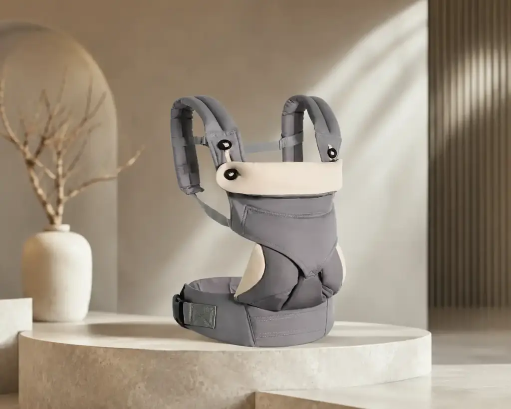 Grey ergonomic structured baby carrier with hip seat shown on display