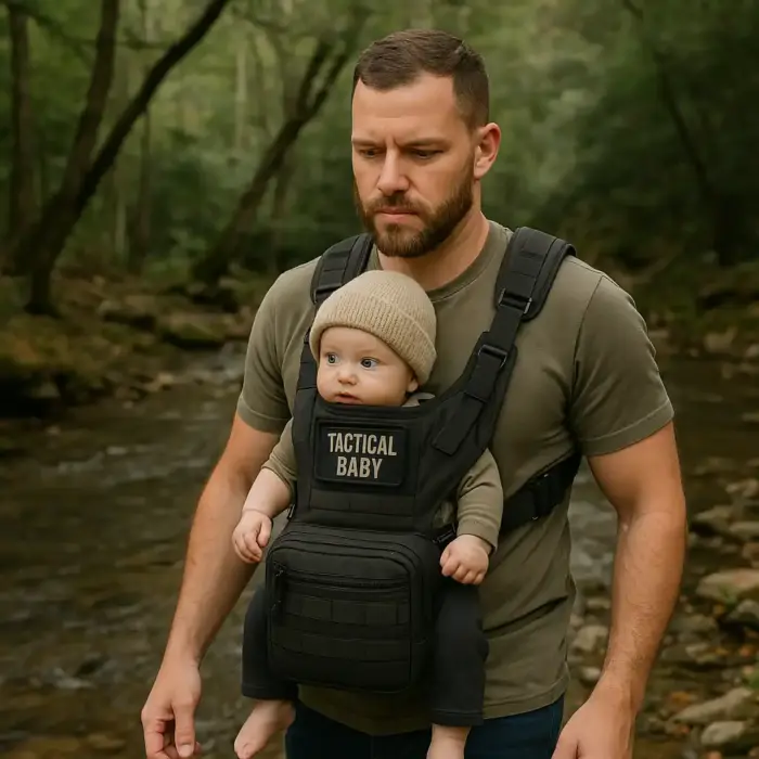 Tactical-Style Baby Carrier with MOLLE Webbing and Zippered Front Pouch