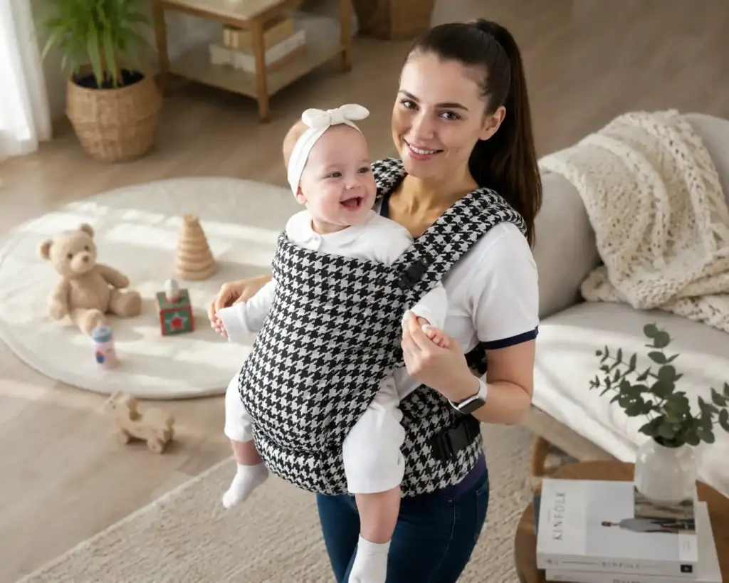 Happy laughing baby being carried in a stylish black and white houndstooth baby carrier