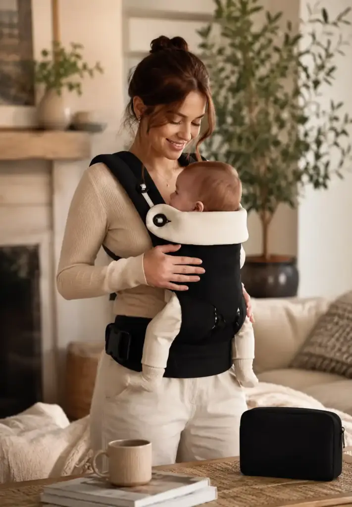 Mother carrying newborn in a black ergonomic structured baby carrier, at home