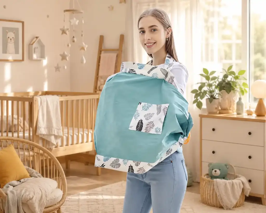 Mother in nursery holding baby wrapped in a teal and leaf-print Weanjay carrier cover