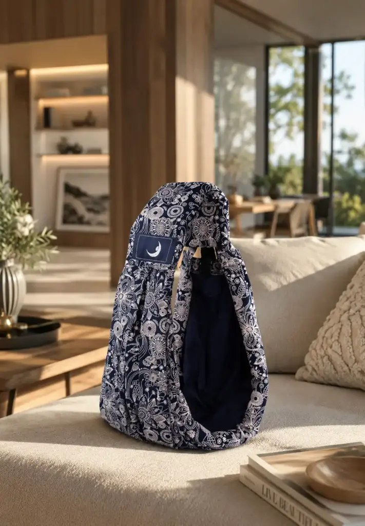 Beautiful navy blue floral soft wrap baby carrier displayed on a sofa