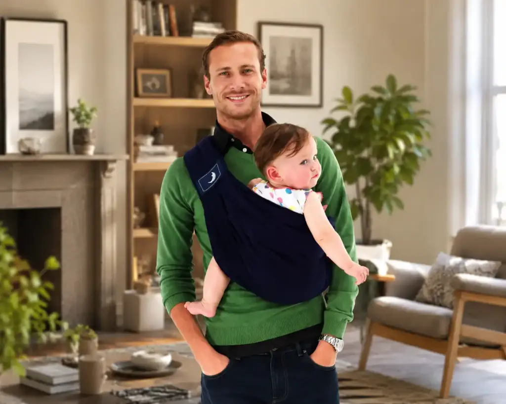 Father smiling and carrying baby in a navy blue ring sling at home -