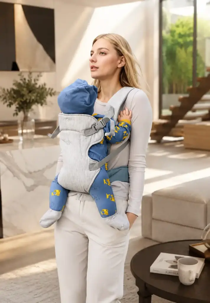 Mother in white outfit carrying baby in a soft grey ergonomic carrier at home